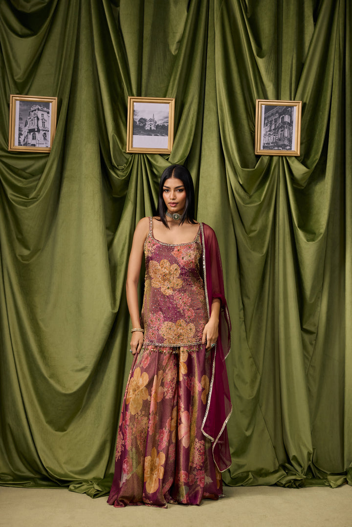 Wine Tissue Big Floral Printed And Embroidered Three Piece Set