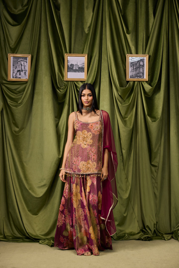 Wine Tissue Big Floral Printed And Embroidered Three Piece Set