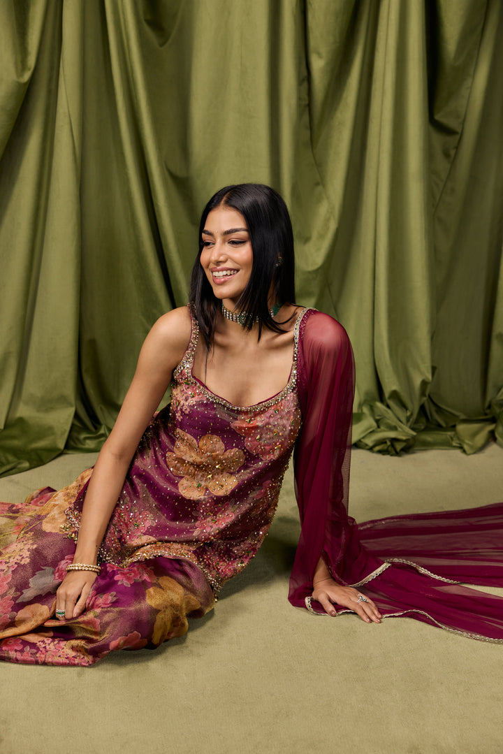 Wine Tissue Big Floral Printed And Embroidered Three Piece Set