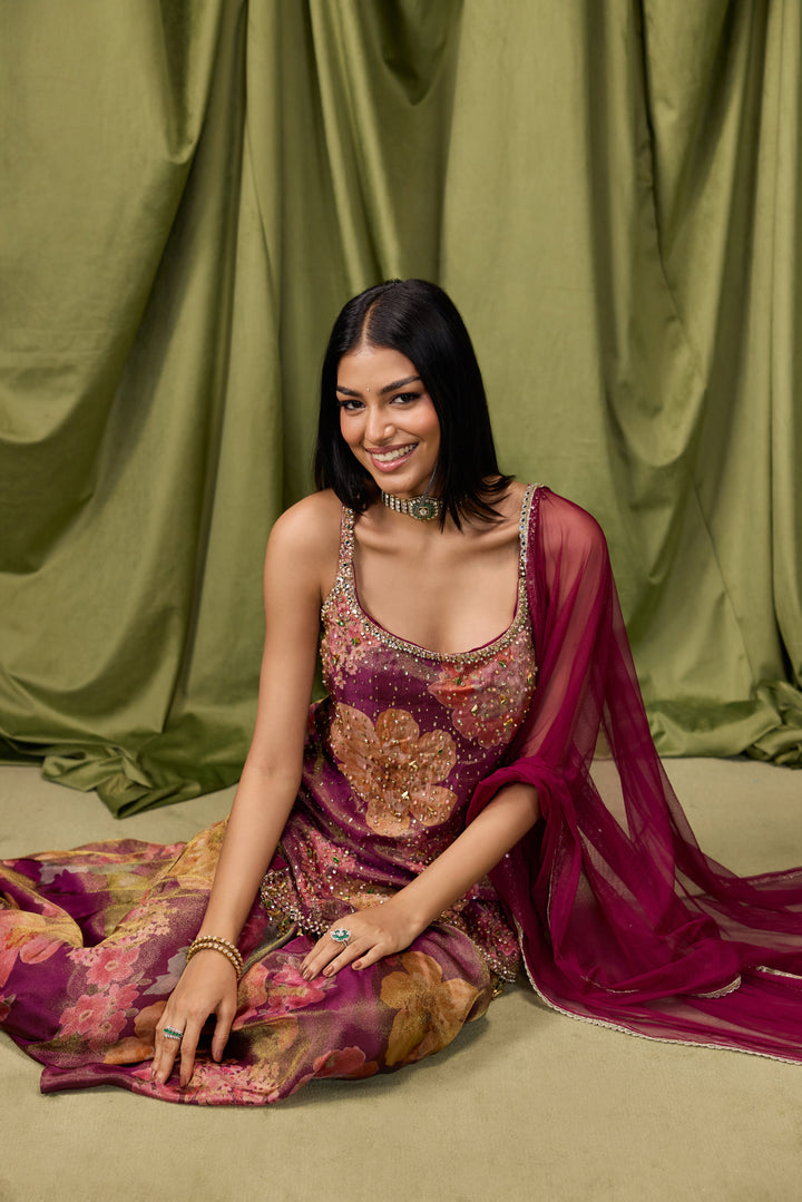 Wine Tissue Big Floral Printed And Embroidered Three Piece Set