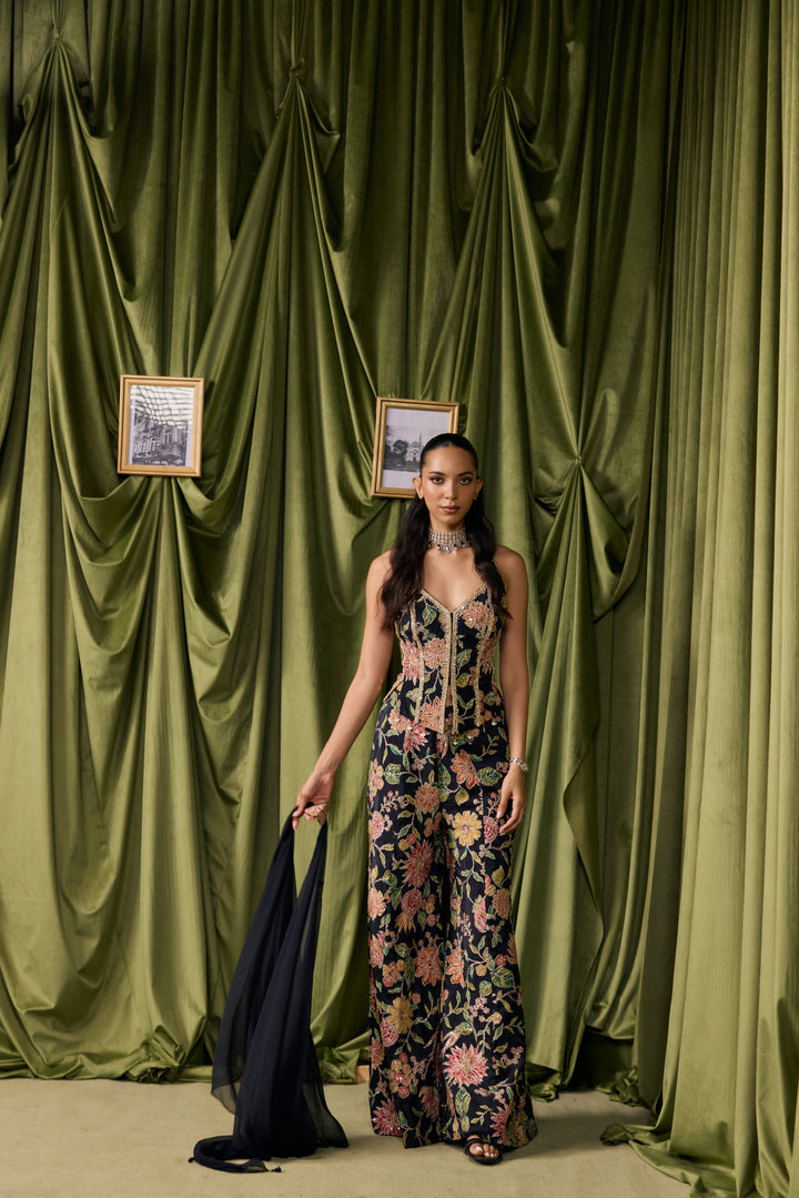 Black Crepe All Over Floral Embroidered Three Piece Set