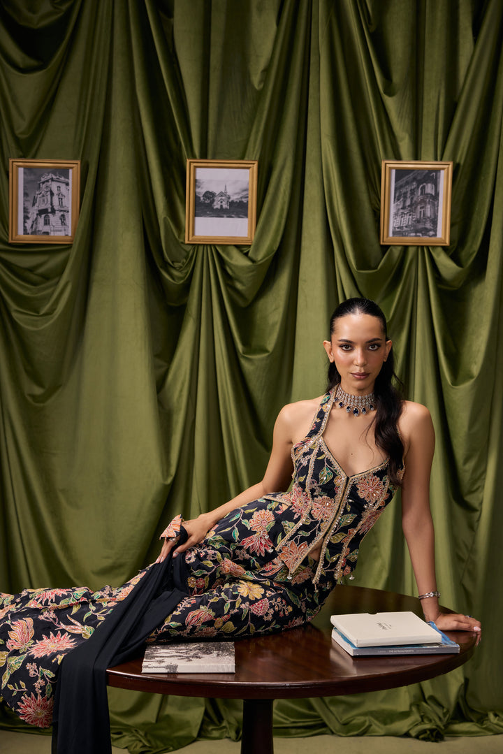 Black Crepe All Over Floral Embroidered Three Piece Set