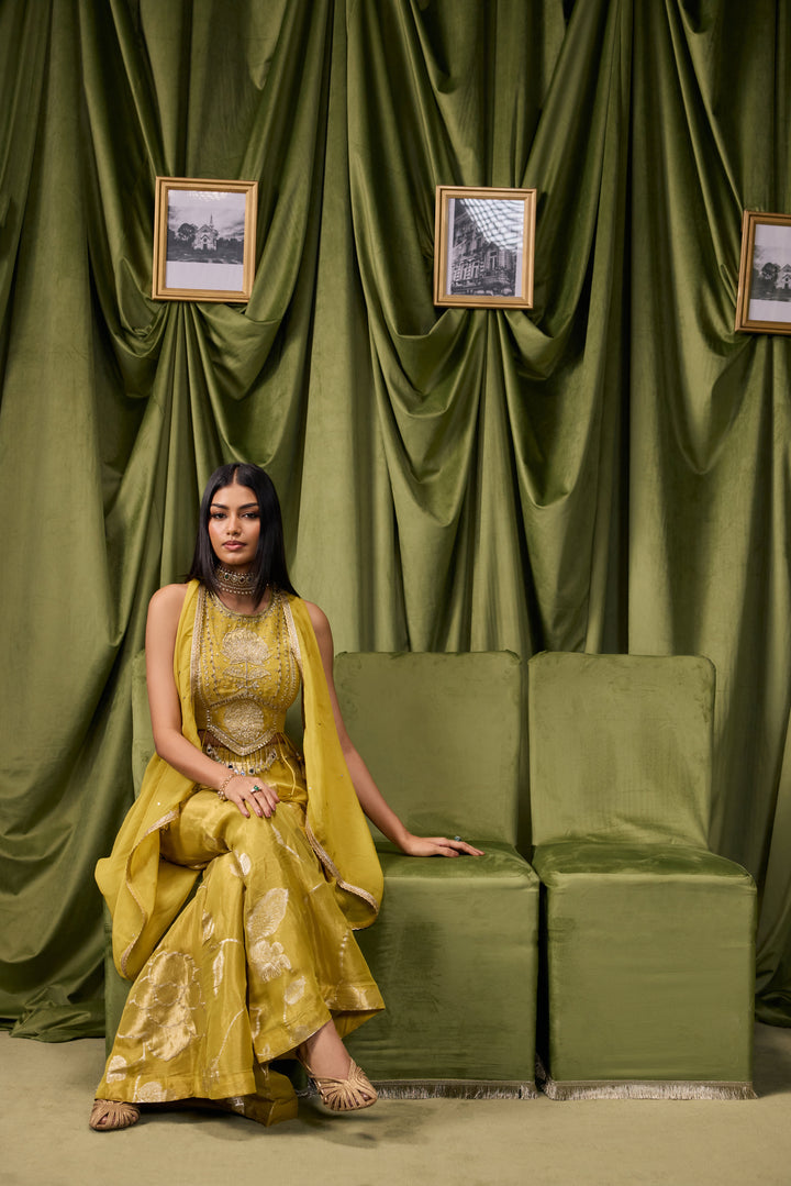 Variyali Green Tissue Zari Printed Three Piece Set