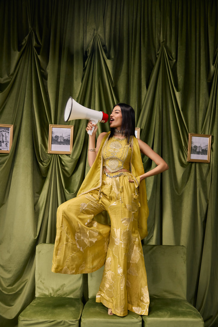 Variyali Green Tissue Zari Printed Three Piece Set