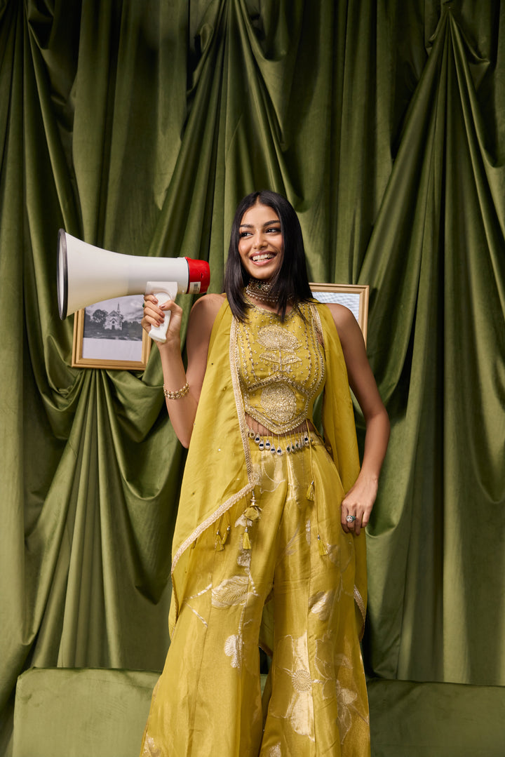 Variyali Green Tissue Zari Printed Three Piece Set
