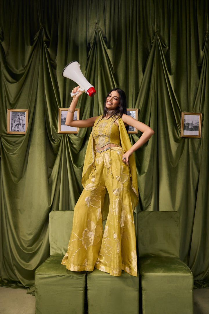Variyali Green Tissue Zari Printed Three Piece Set
