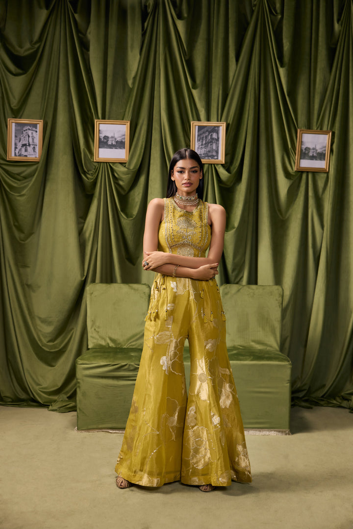 Variyali Green Tissue Zari Printed Three Piece Set