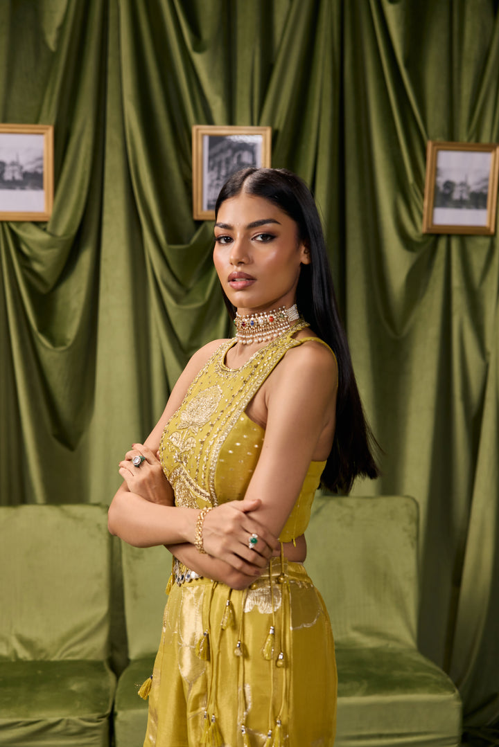 Variyali Green Tissue Zari Printed Three Piece Set