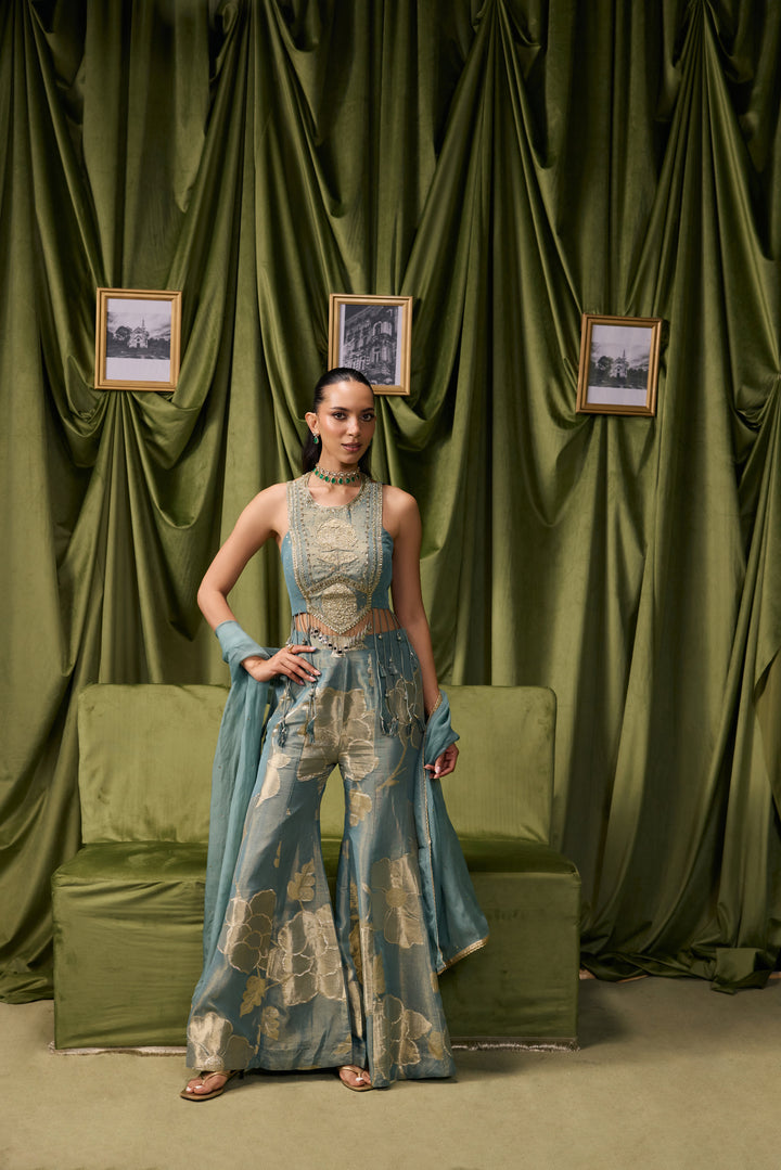 Sea Green Tissue Zari Printed Three Piece Set