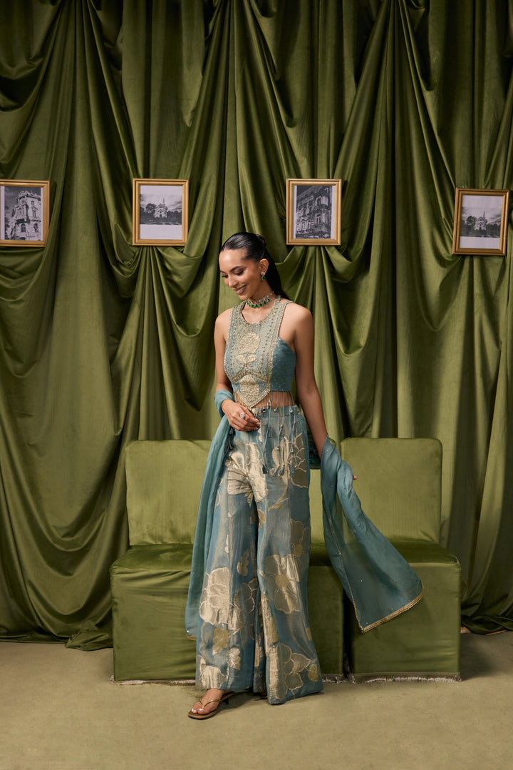Sea Green Tissue Zari Printed Three Piece Set