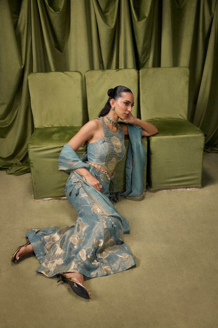 Sea Green Tissue Zari Printed Three Piece Set