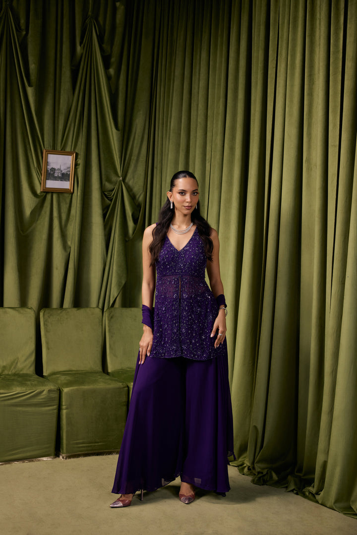 Purple Georgette Floral Embroidered Two Piece Set