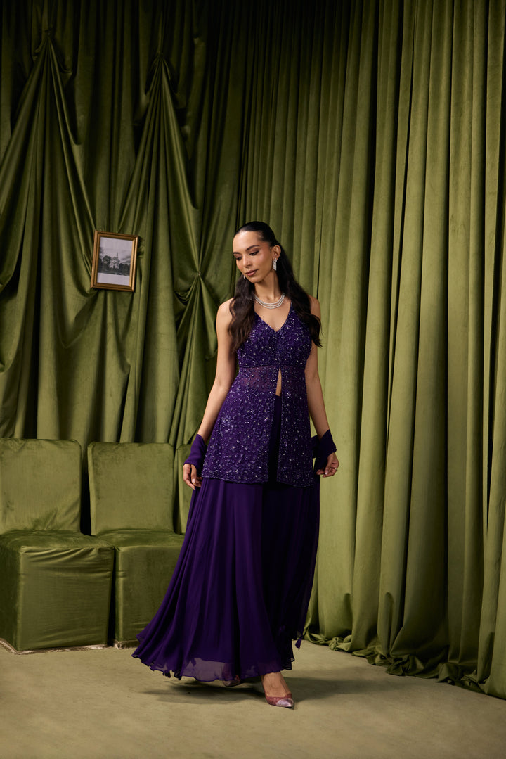 Purple Georgette Floral Embroidered Two Piece Set