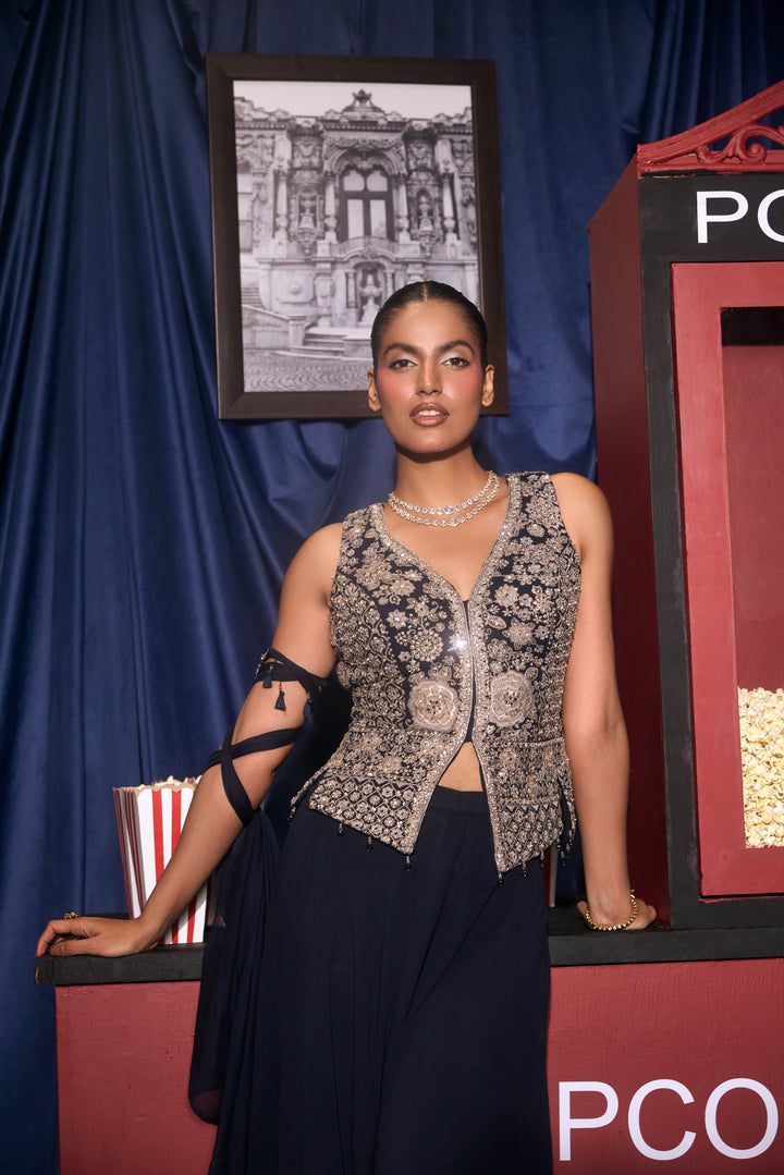 Navy Blue Georgette Zari Heavy Embroidered Two Piece Set