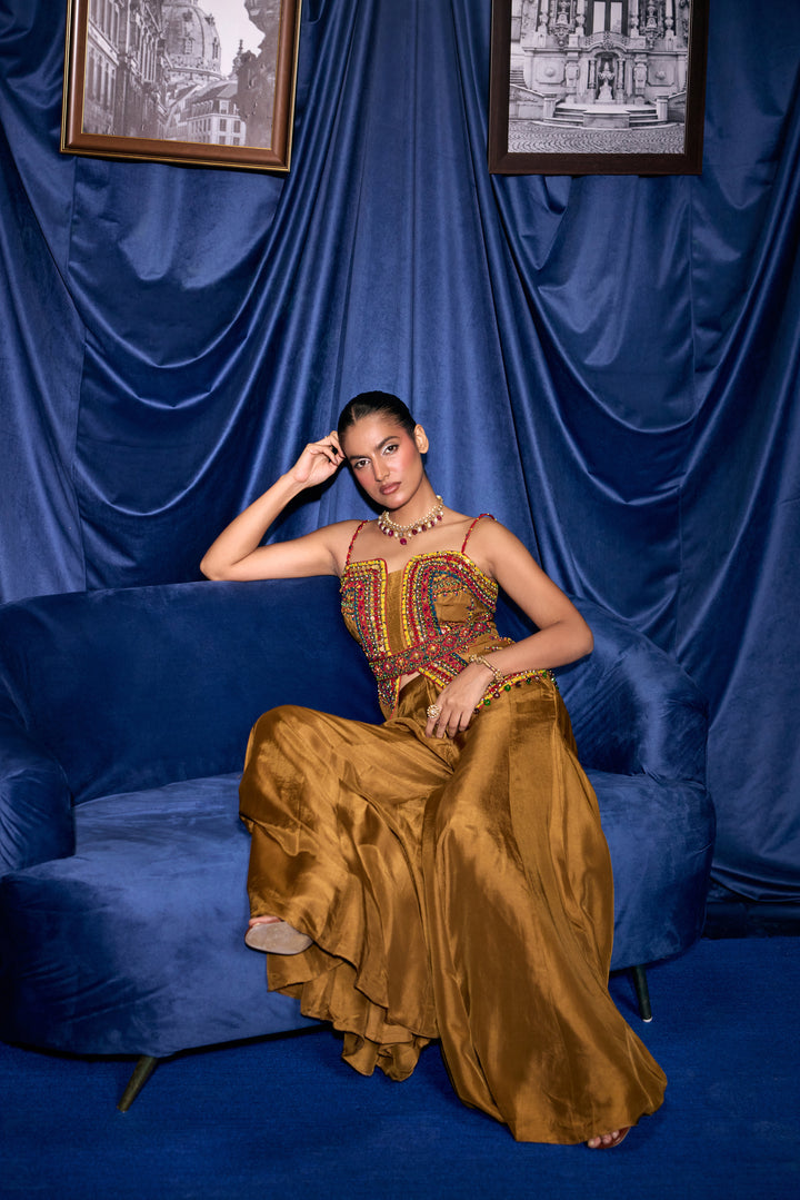 Mustard Silk Thread And Stone Embroidered Two Piece Set