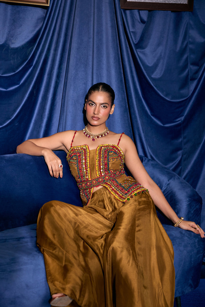 Mustard Silk Thread And Stone Embroidered Two Piece Set