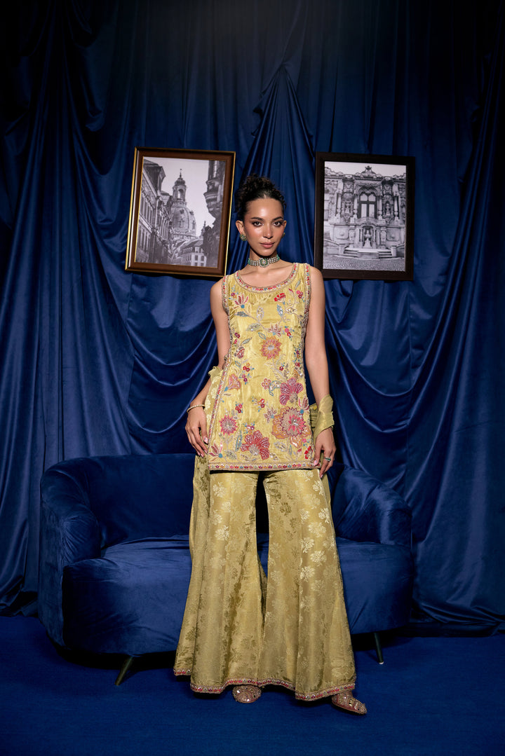 Yellow Tissue Floral Thread Embroidered Three Piece Set