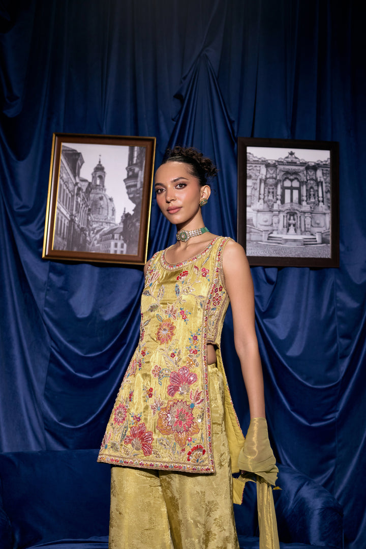 Yellow Tissue Floral Thread Embroidered Three Piece Set