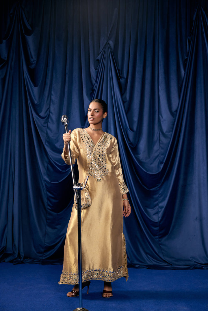 Gold Tissue Foil Mirror Embroidered Two Piece Set