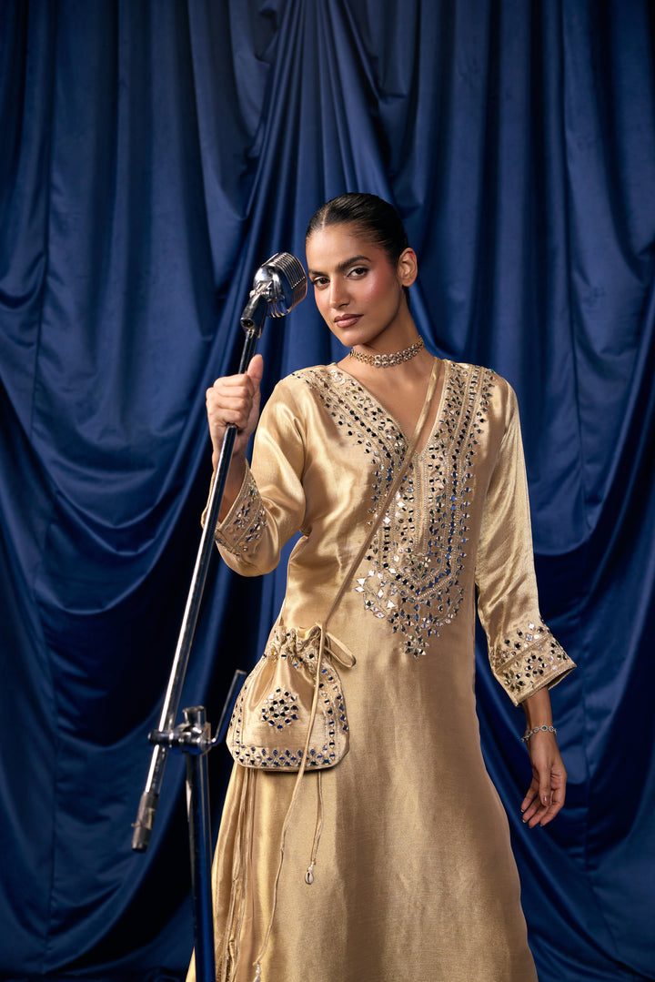 Gold Tissue Foil Mirror Embroidered Two Piece Set