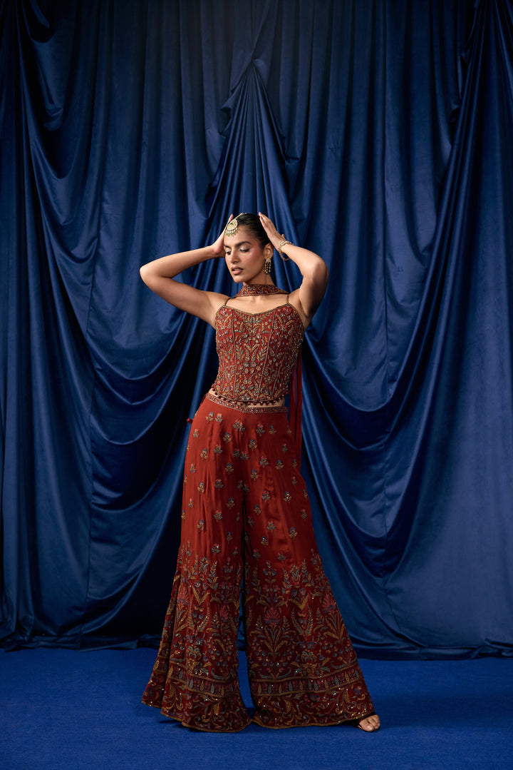 Rust Georgette Buti Floral Heavy Embroidered Three Piece Set