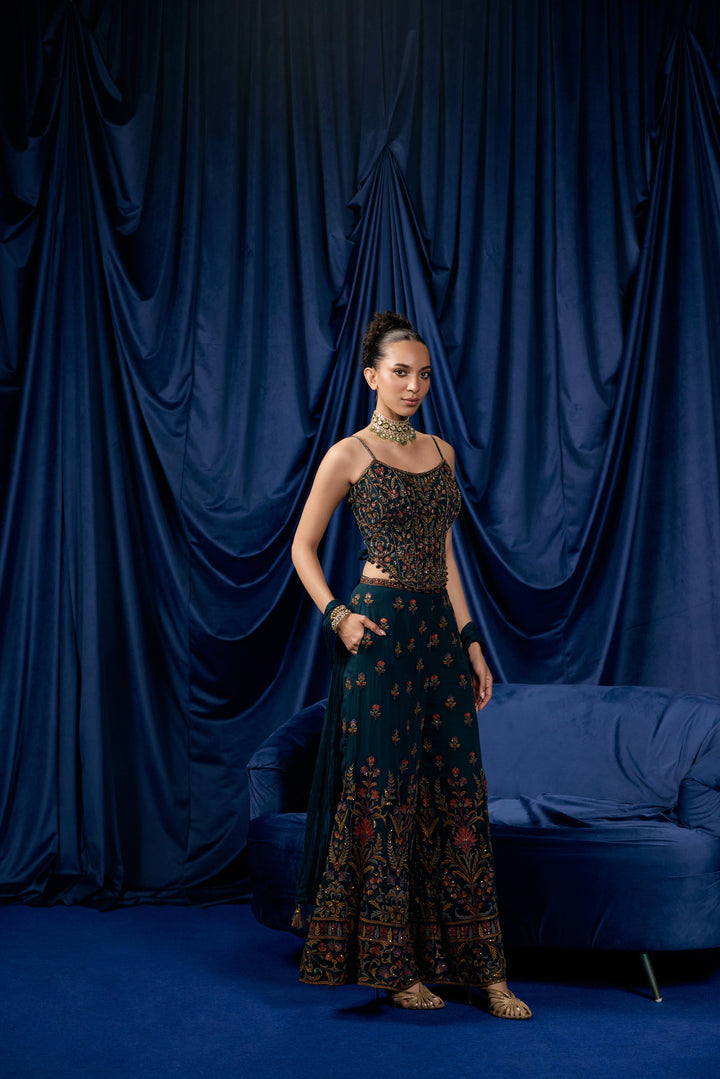 Peacock Georgette Buti Floral Heavy Embroidered Three Piece Set
