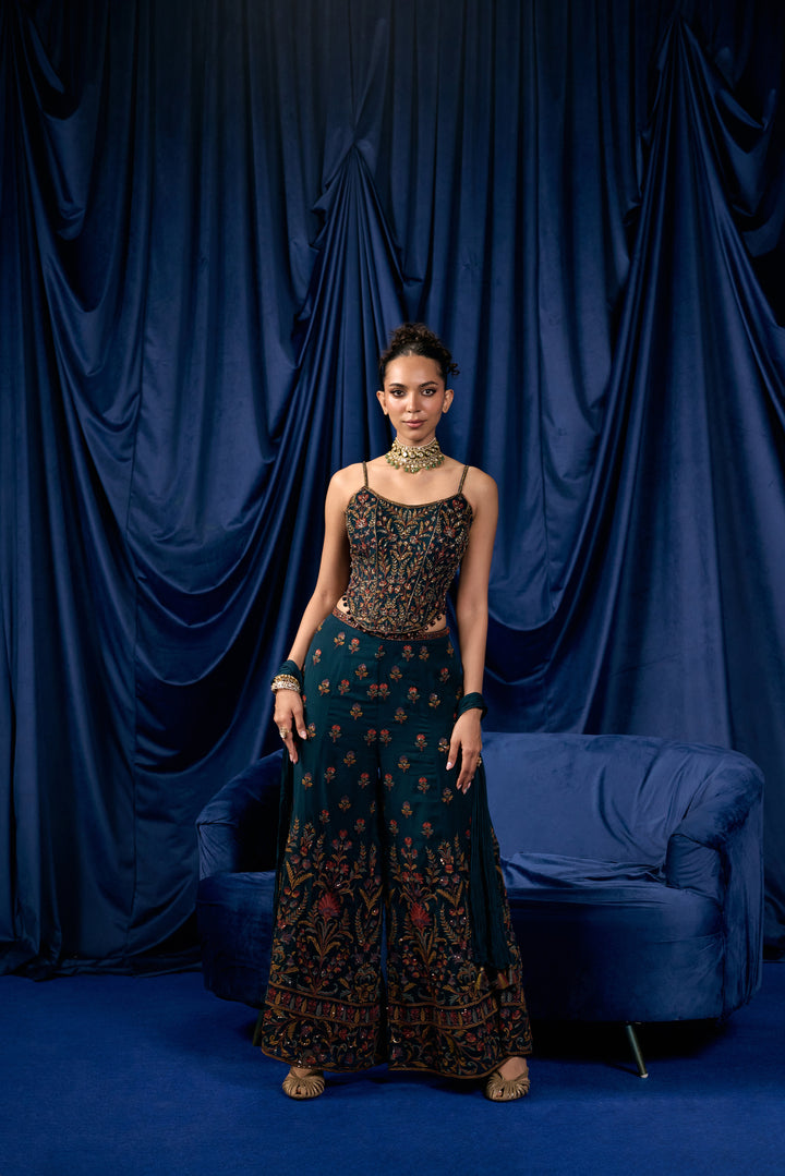 Peacock Georgette Buti Floral Heavy Embroidered Three Piece Set