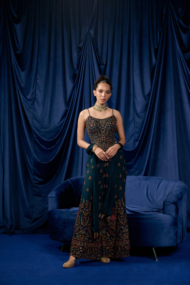 Peacock Georgette Buti Floral Heavy Embroidered Three Piece Set