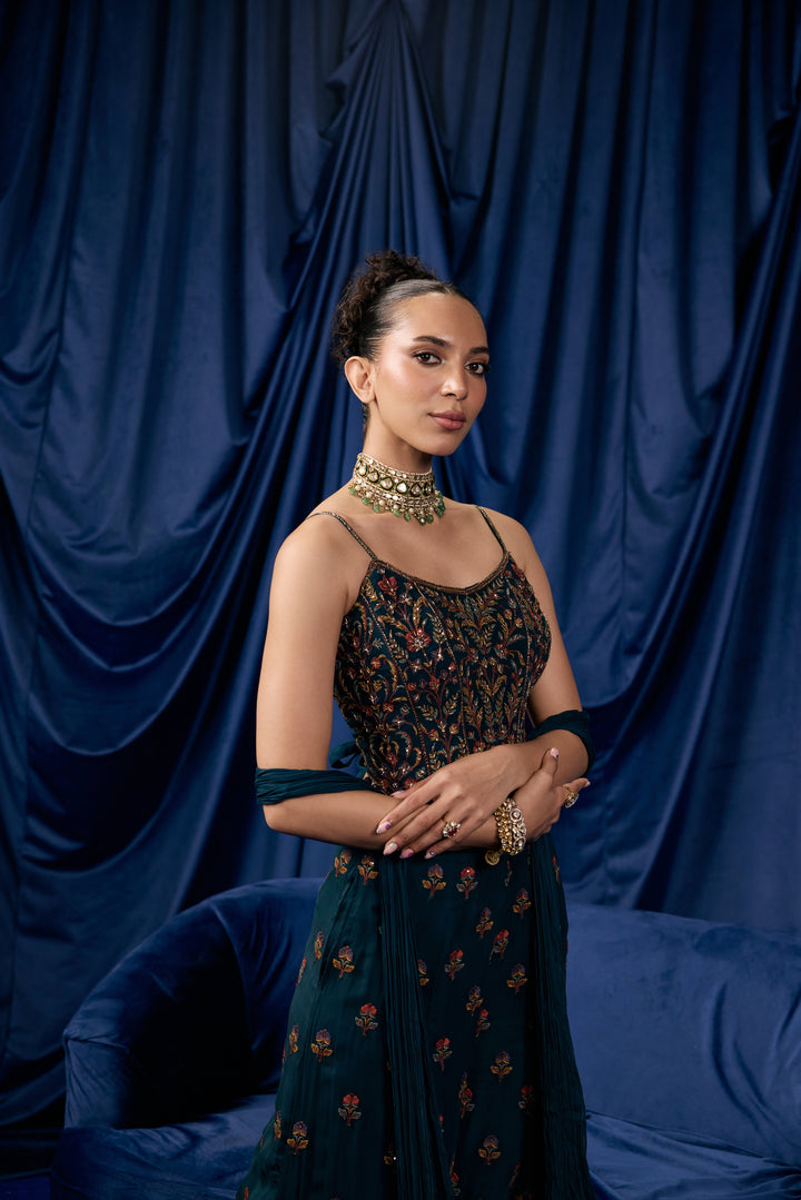 Peacock Georgette Buti Floral Heavy Embroidered Three Piece Set