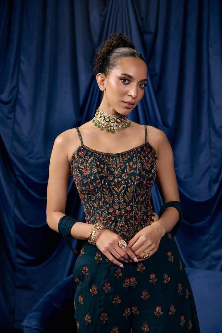 Peacock Georgette Buti Floral Heavy Embroidered Three Piece Set