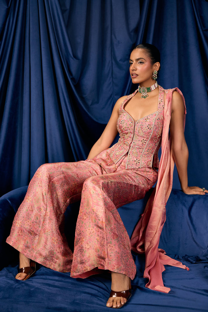 Onion Pink Tissue Floral And Paisley Printed Three Piece Set