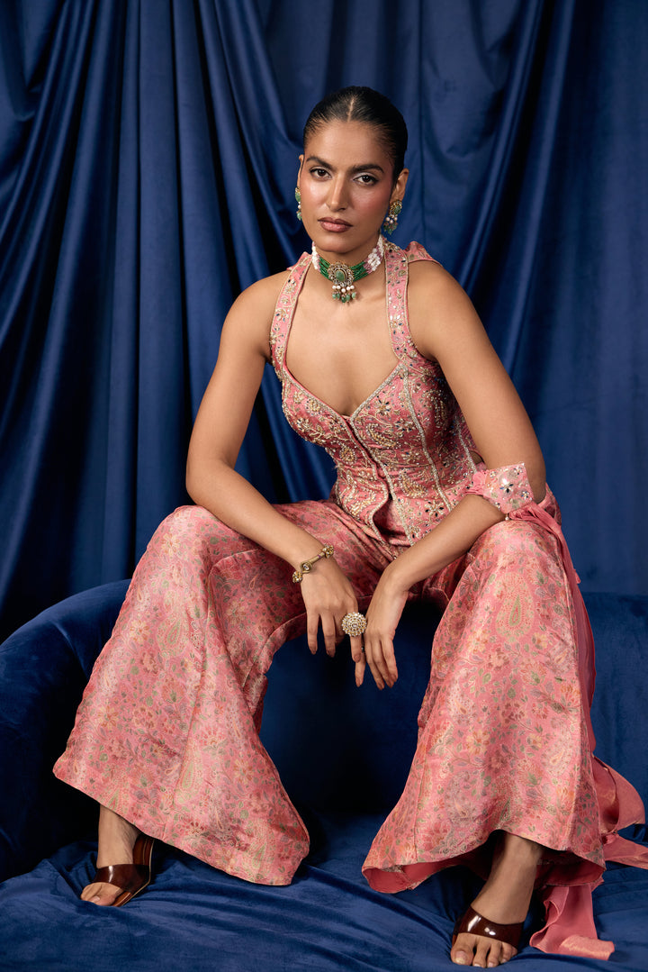 Onion Pink Tissue Floral And Paisley Printed Three Piece Set