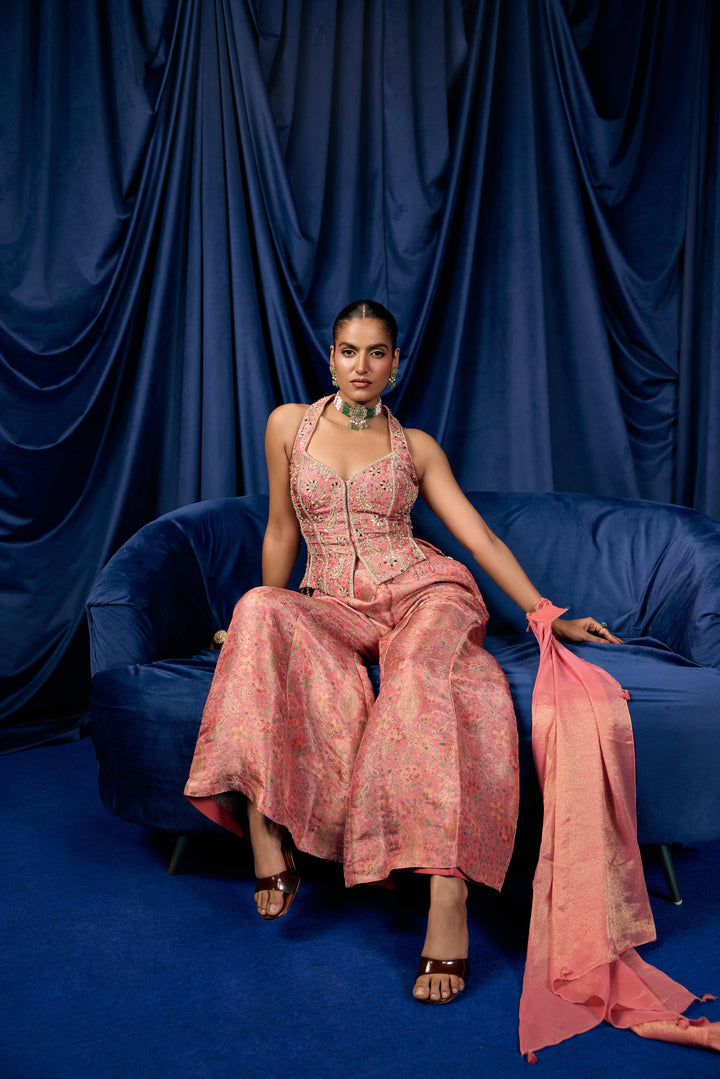 Onion Pink Tissue Floral And Paisley Printed Three Piece Set