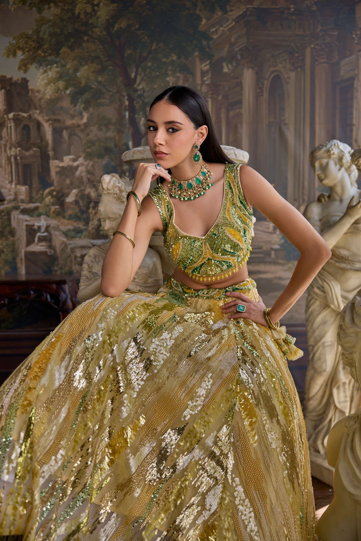 Yellow Net Heavy Sequins and Embroidered Ghagra set