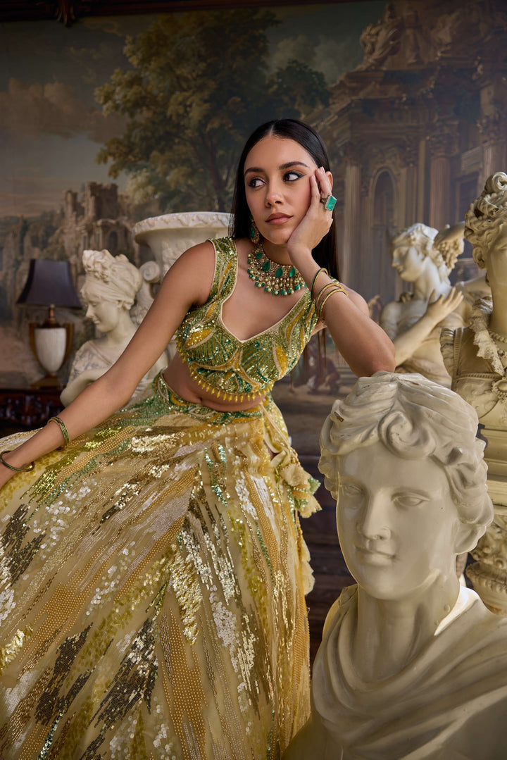 Yellow Net Heavy Sequins and Embroidered Ghagra set