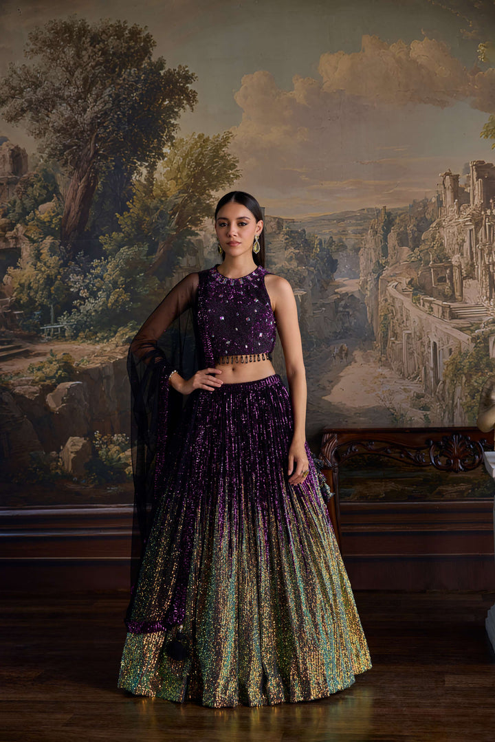 Wine Net Heavy Sequins Work Ghagra Set