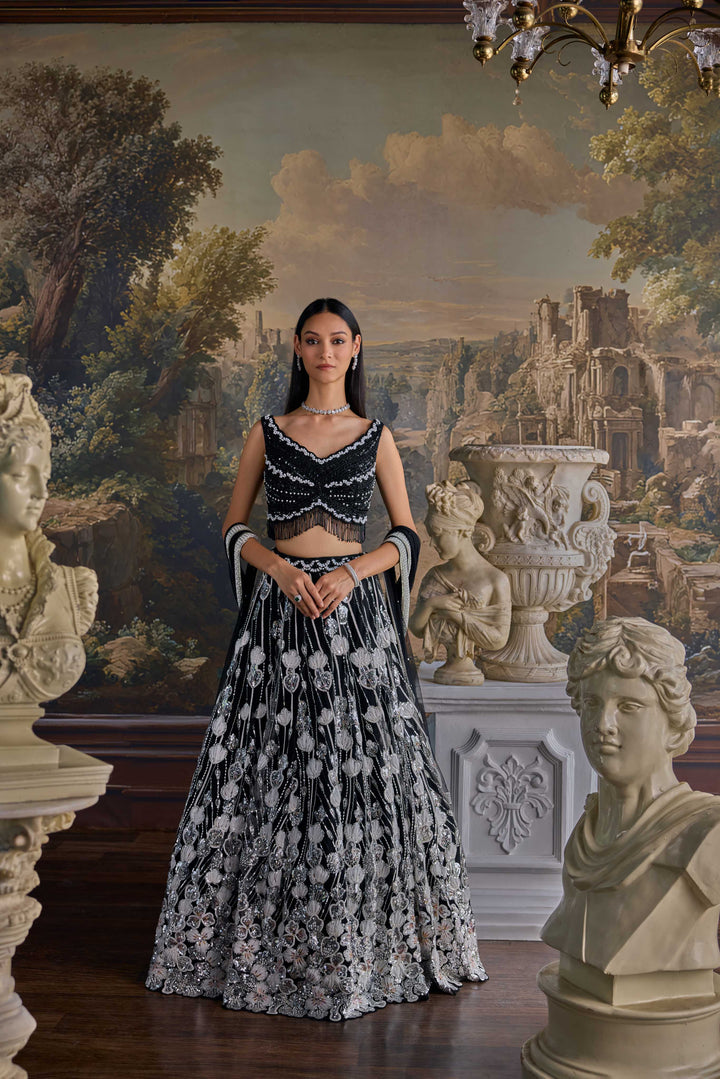 Black Net Heavy Hand Embroidered Ghagra Set