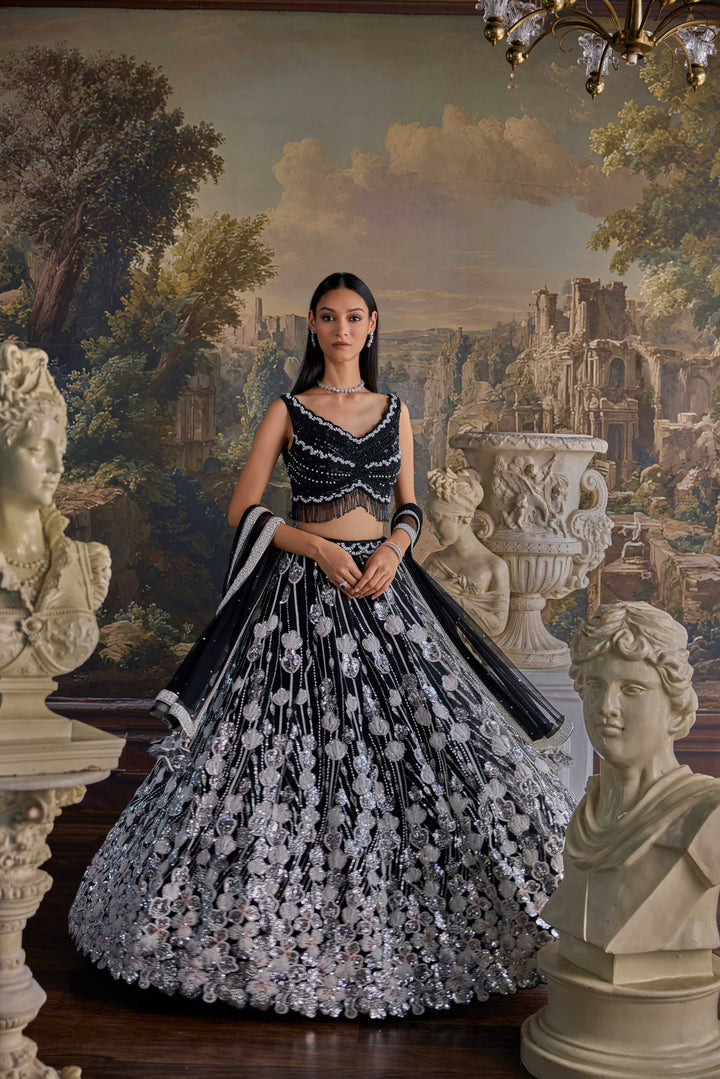 Black Net Heavy Hand Embroidered Ghagra Set