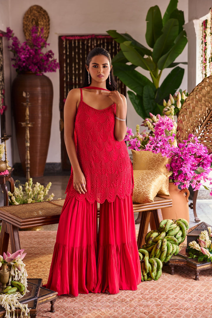 Red Georgette Heavy Embroidery Palazzo Set