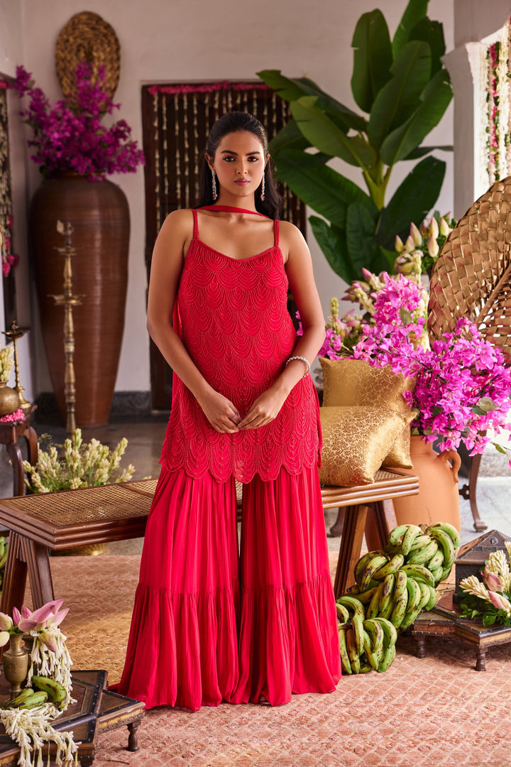 Red Georgette Heavy Embroidery Palazzo Set