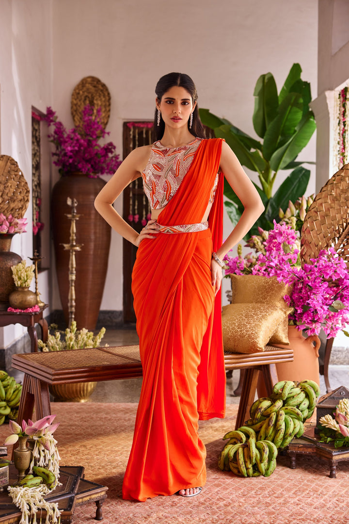 Orange Crepe Drape Saree With Embroidery Blouse