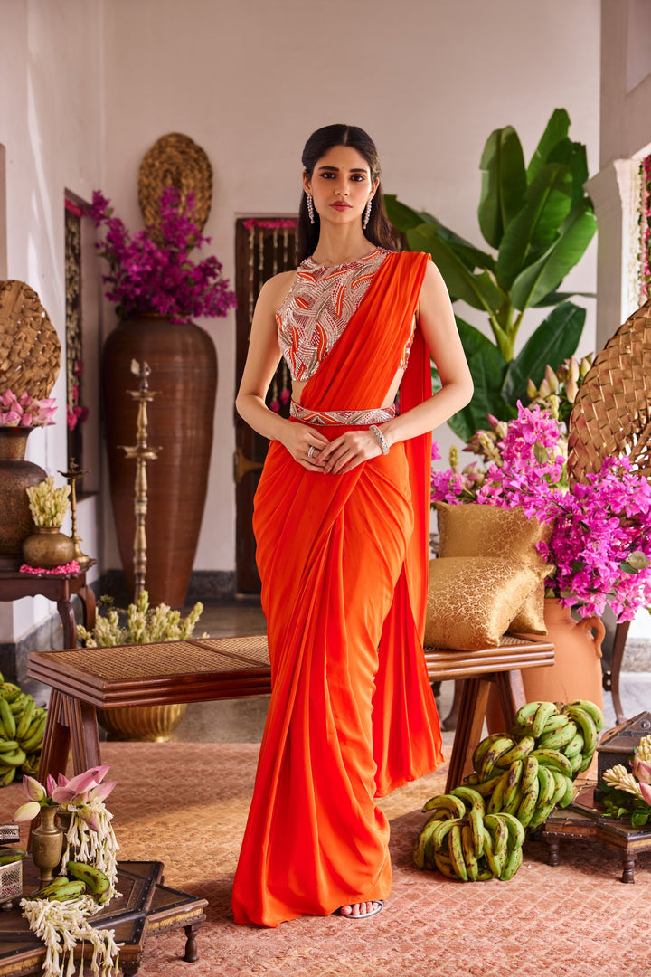 Orange Crepe Drape Saree With Embroidery Blouse