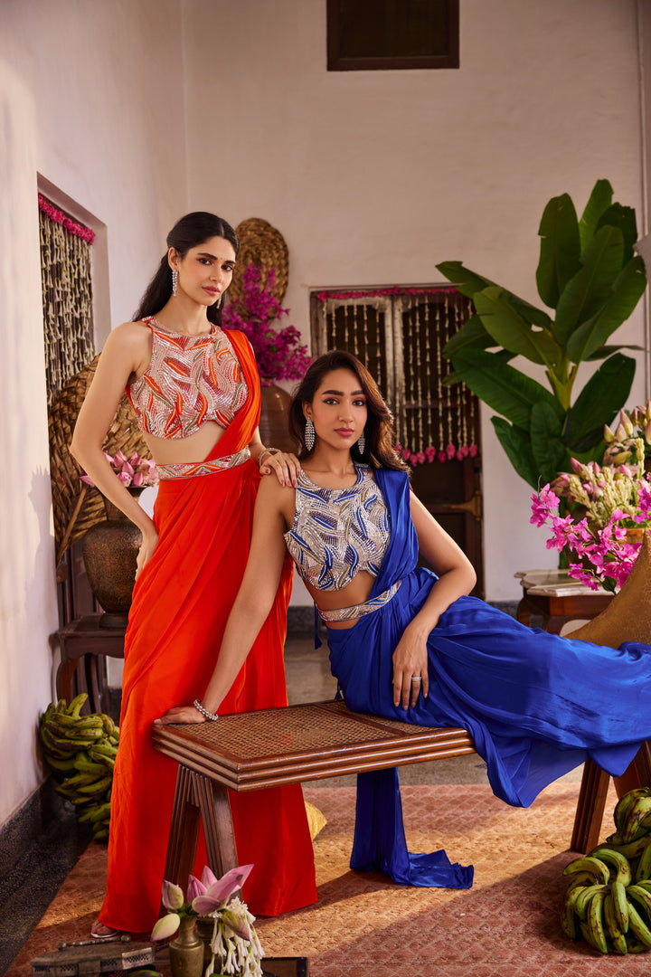 Orange Crepe Drape Saree With Embroidery Blouse