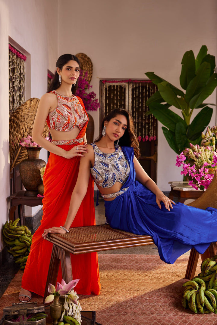 Orange Crepe Drape Saree With Embroidery Blouse
