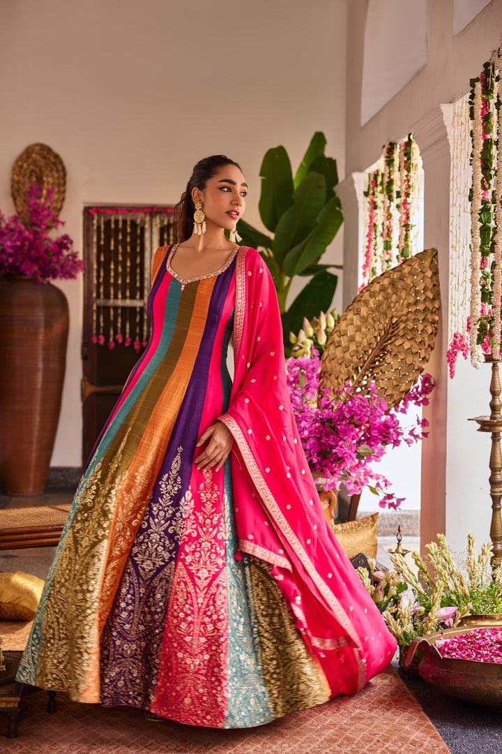 Neerus Pink silk embroidered anarkali suit set - front view