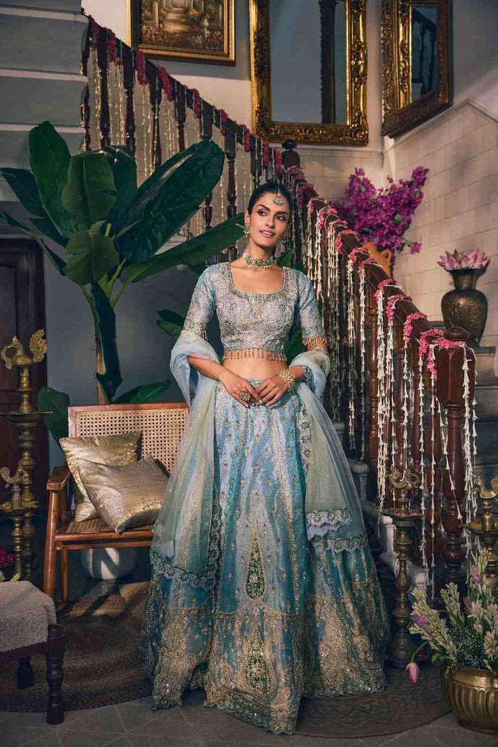 Sky Blue Tissue Zari Embroidery Ghagra Set