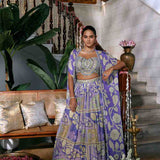 Purple Chinnon Hand Embriodery Jacket Ghagra Set