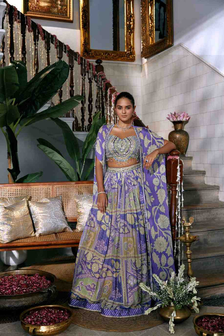 Purple Chinnon Hand Embriodery Jacket Ghagra Set