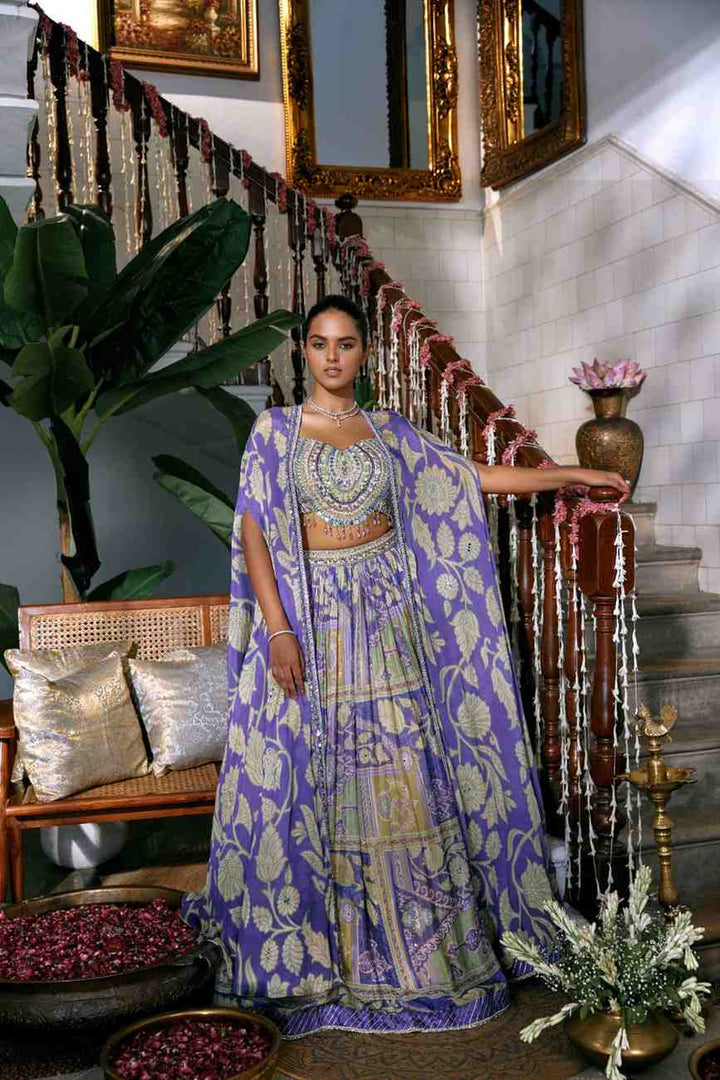 Purple Chinnon Hand Embriodery Jacket Ghagra Set