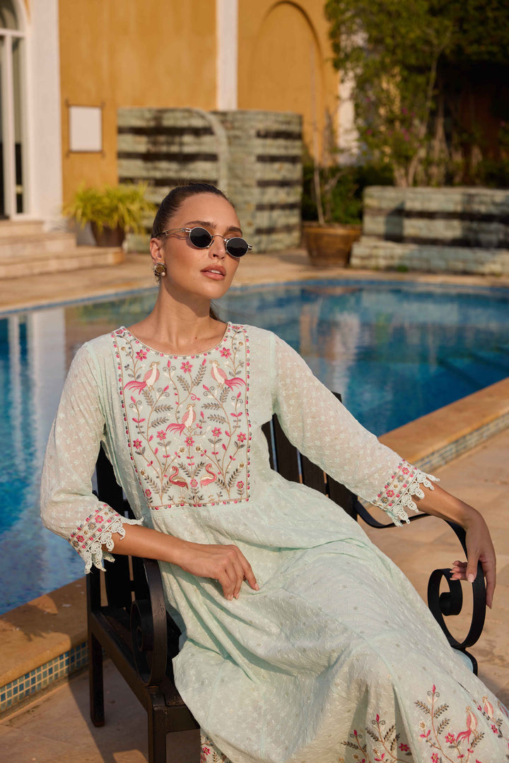 Neerus Mint Embroidered Anarkali Kurta and Trousers With Dupatta